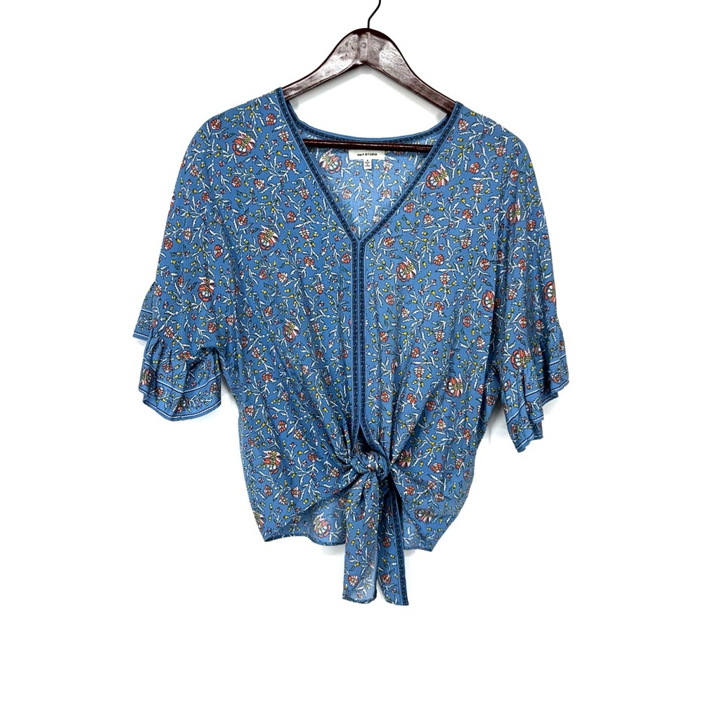 Max Studio Dusty Blue V-Neck Tied Front Blouse Pink Orange Multi Floral Print